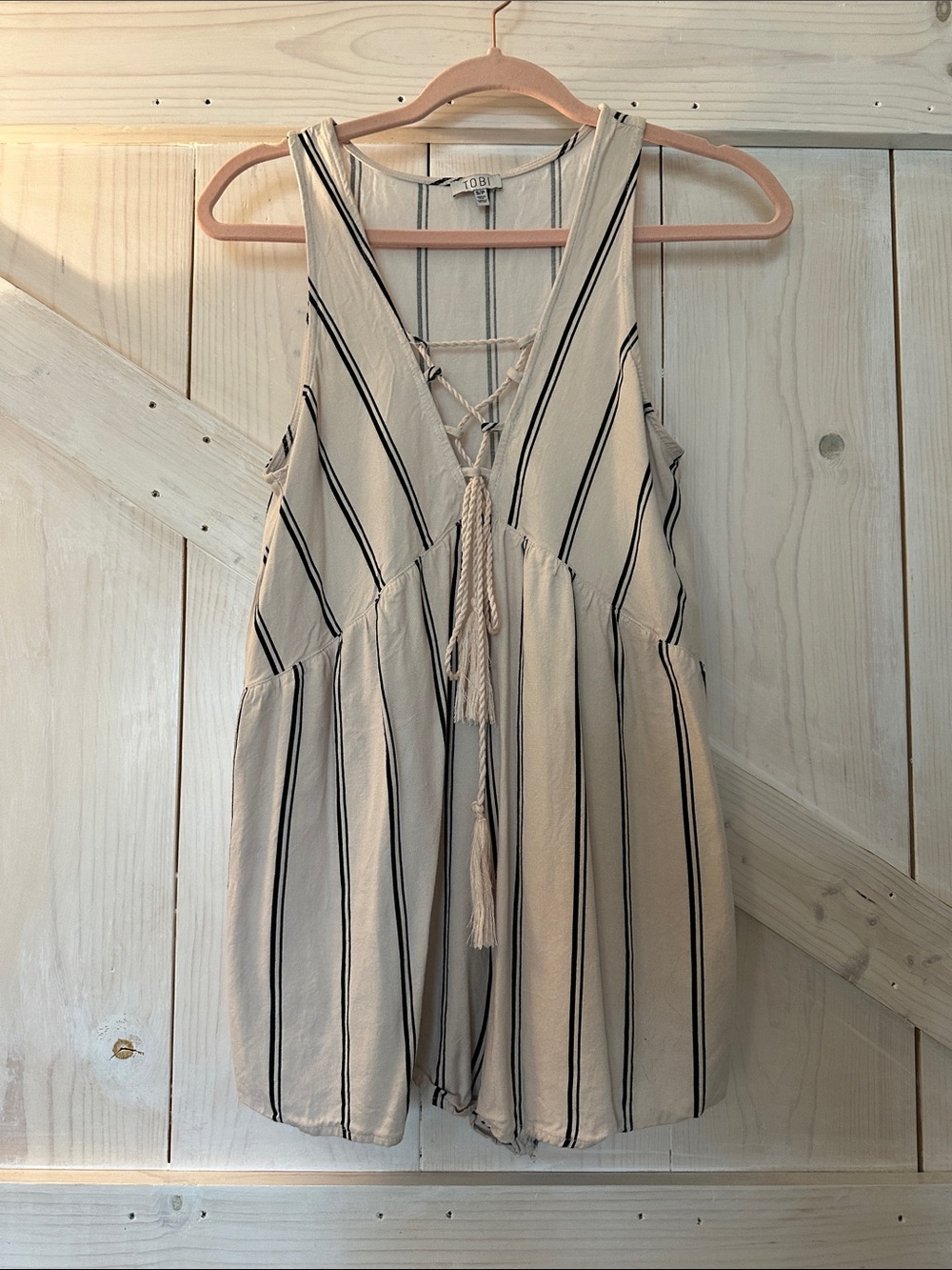 Flowy Tobi Cream Romper with Black Vertical Stripes size small